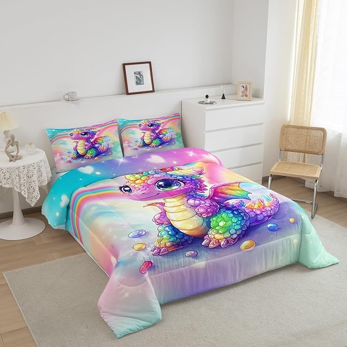 Feelyou Dragon Comforter Set Twin Size Dragon Stuff Comforter for Boys Girls Teens Cute Bedding Set Dragon Decor Duvet Set Room Decor Multicolored Quilt Set