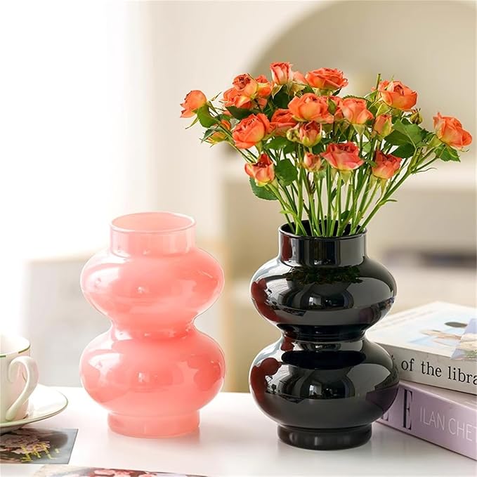 JSPYFITS Glass Hydroponic Flower Vase, Double Balls Colored Glasses Bubble Vase for Flowers, 7 Inches Glass Funky Vases for Home/Office/Weddings/Party Table Décor (Pink)