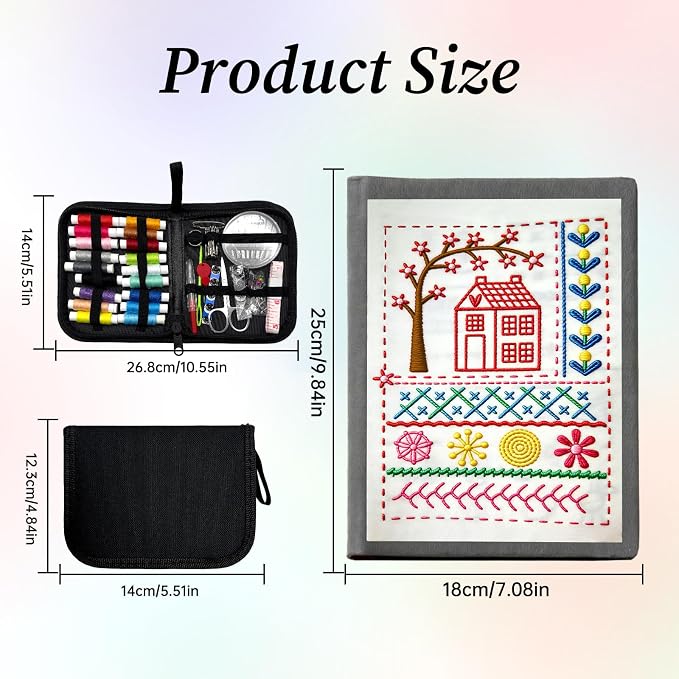 IKKAB Embroidery Stitch Book Kit for Beginners, 106-Pattern Embroiderys Practice Books with 86-Piece Stitching Kit, Portable Embroidery Sampler Book & Sewing Tool Set