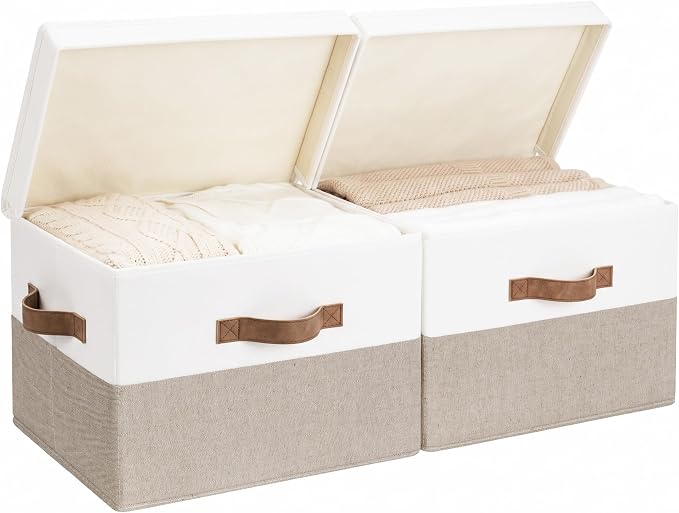 StorageWorks Fabric Storage Bins with Lids, Large Closet Storage Bins | Flip-Top Lid, 3 Handles, Collapsible, Stackable, for Clothes Blankets, Multi-Purpose, Large, Brown and White, 2-Pack