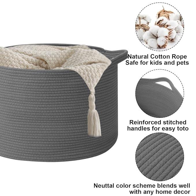 65L Large Blanket Basket,Woven Rope Laundry Basket-Dark Grey | Collapsible, reinforced handles, nursery storage bin organizes clothes, toys and pillows for living room, bedroom bathroom.