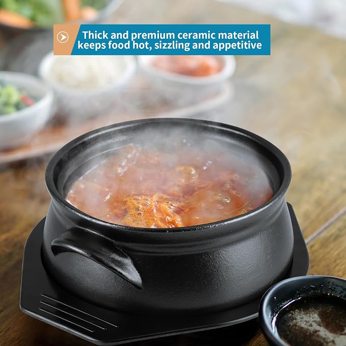Large Korean Ceramic Bowl with Lid and Trivet, 54 oz Sizzling Hot Pot with Double Handles for Cooking and Serving Dolsot Bibimbap, Soup, Rice, Stew, Casserole, Noodle (Frosted Black)