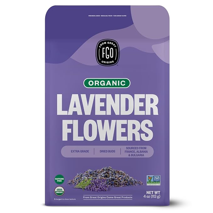 FGO Organic Dried Lavender Flowers, Extra Grade Dried Buds, Imported From France for Culinary or Sachet Bags, 4oz, Packaging May Vary (Pack of 1)