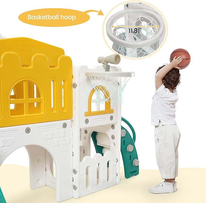 8 in 1 Toddle Slide Playset, Indoor Playground for Kids 1-3， Toddle Outdoor Playset with Slide, Climber, Tunnel, Basketball Hoop, Storage Space and Telescope for for Boys Girls, Orange