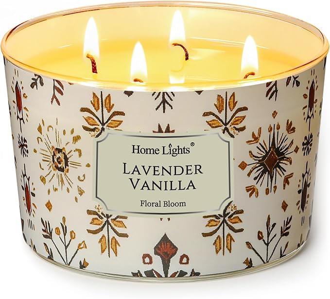 HomeLights Large jar Candle | 4-Wick Long-Lasting Scented Candles, 18oz Natural Soy Wax Candle for Home Scented, Bohemian Natural Textures Gifts for Women & Men, Lavender Vanilla