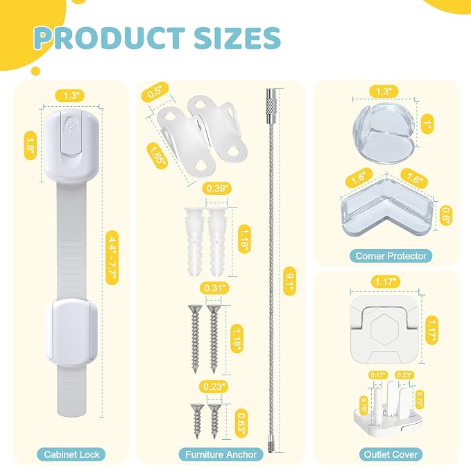 4our Kiddies 56 Pack Baby Proofing Kit, 6 Child Proof Cabinet Locks, 32 Outlet Covers, 6 Anti-Tip Furniture Anchors and 12 Corner Protectors, Child Safety Essentials to Protect Kids at Home