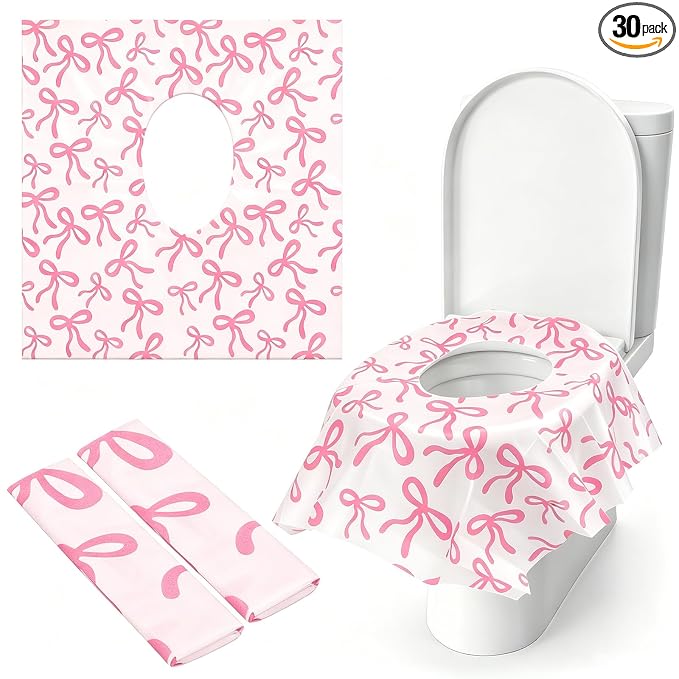 Whaline 30Pcs Pink Bow Disposable Toilet Seat Cover Cute Coquette Bowknot Large Waterproof Potty Training Seat Cover Pad for Kids Adults Traveling Home Hotel Bathroom Restroom