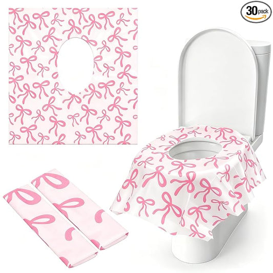 Whaline 30Pcs Pink Bow Disposable Toilet Seat Cover Cute Coquette Bowknot Large Waterproof Potty Training Seat Cover Pad for Kids Adults Traveling Home Hotel Bathroom Restroom