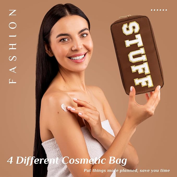 Preppy Makeup Bags Chenille Letter Stuff Bag Nylon Cosmetic Pouch Cases with Zipper for Women Travel Toiletry(Brown Set,Classic,4 Pcs)