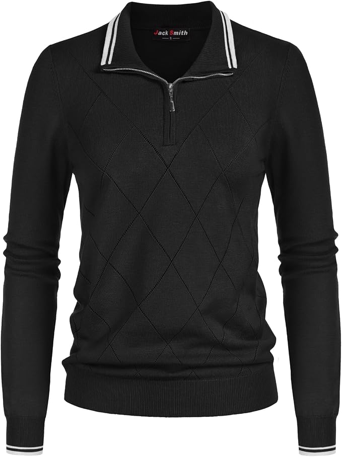 JACK SMITH Quarter Zip Pullover Sweaters for Womens, Rib Polo Sweater Tops | V Neck,Knit,Long Sleeve,Argyle,Open Pattern,Callar,Lightweight,Fashion,Golf Work Business Daily Wear Versatile Pullover Shirt