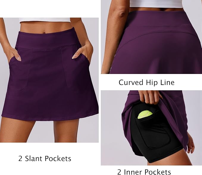PINSPARK 17" Golf Skorts for Woman High Waisted Tennis Skirt with 4 Pockets | Lightweight, Quick Dry, 4-Way Strecth, Breathable, Tummy Control, UPF 50+ Athletic Skort for Workout, Pickleball, Gym, Casual