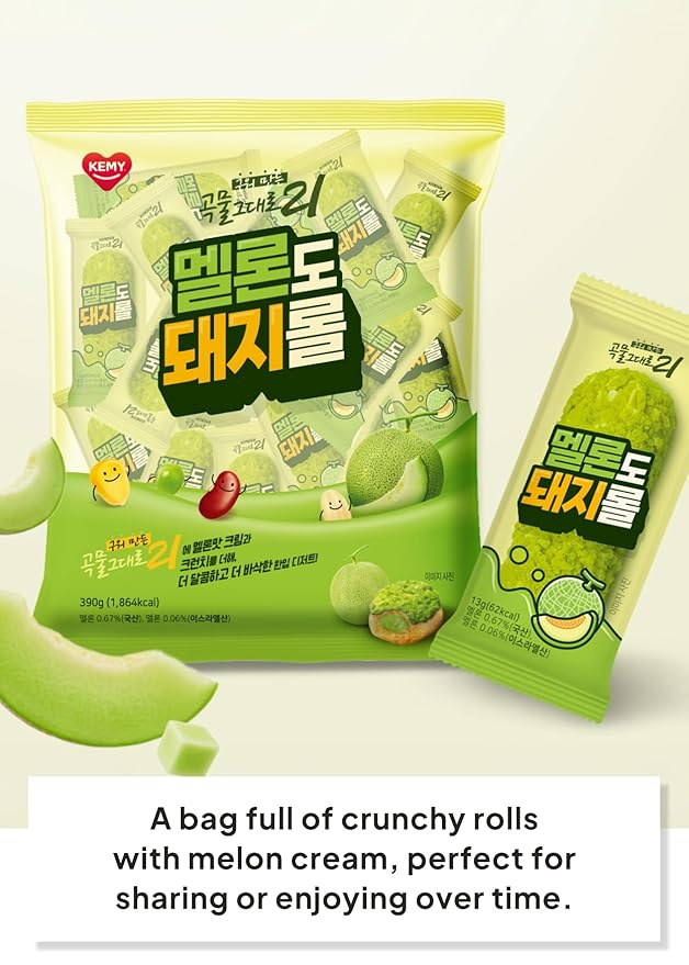Korean Food CJ Freshway Melon Crunch Roll Snack, 30Pc, 10.6oz Sweet Melon | Crispy Korean grain rolls with sweet melon cream filling, individually wrapped in 30 pieces