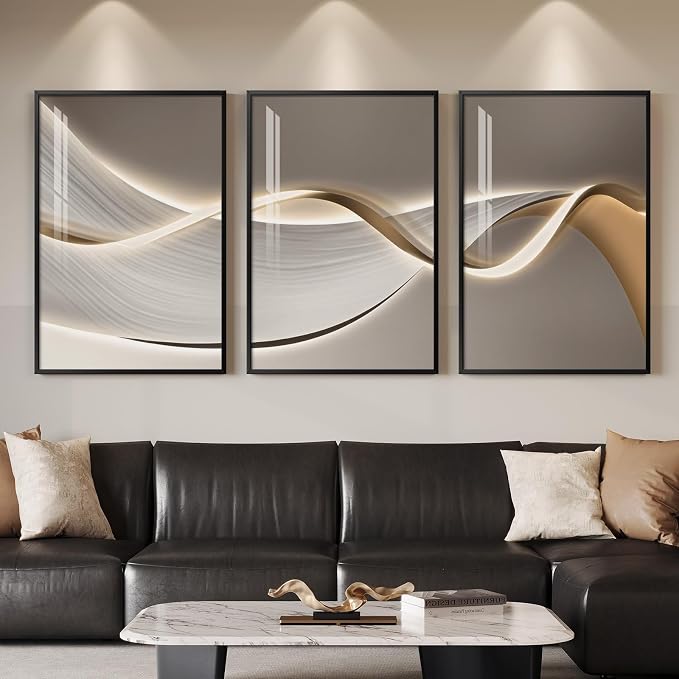 Large Framed Modern Luxury Abstract Wall Art for Living Room, 3 Piece Contemporary Elegant Bright Prints Paintings, Minimalist Grey Gold Line Pictures for Bedroom, Entryway, Office Wall Decor 24x36 In