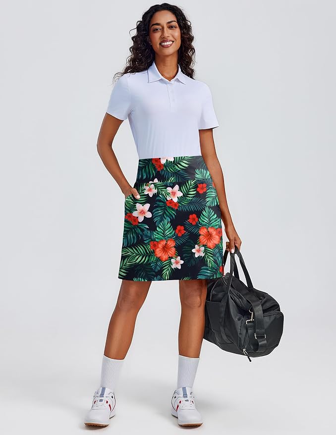 PINSPARK 20" Skorts for Woman Knee Length UPF 50+ Golf Skirts | 4 Pockets, Built-in Shorts, High Waisted, Split Hem, Silky-smooth, Moisture-wicking, for Golf Athletic Tennis Workout Casual