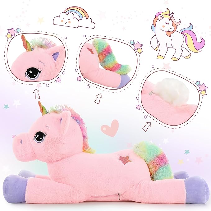 Tezituor 32in Giant Unicorn Plush Toys,Cute Rainbow Pink Unicorn Stuffed Animals,Unicorn Birthday Decorations for Girls,Big Unicorns Gifts for Children