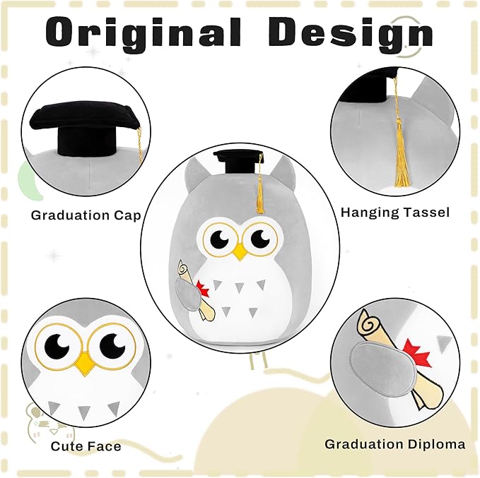 Graduation Plush, Soft Owl Stuffed Animals with Pink Body and Ears, Black Graduation Cap, Fringe and Diploma, Cute Pillow Toys Graduation Gifts for Her Girlfriend Lover Kids (Gray), Qwlgray