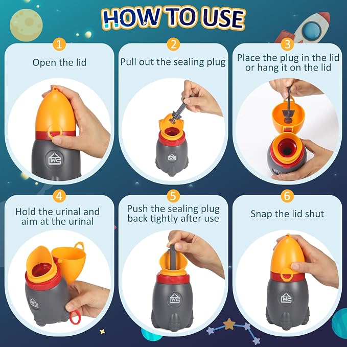 ONEDONE Portable Urinal for Kids Rocket Pee Bottle for Kids Emergency Toilet Urinal for Toddlers Boys Girls 12.5 OZ Small Pee Cup for Kids Camping Car Travel Potty Training Baby Urinal Orange