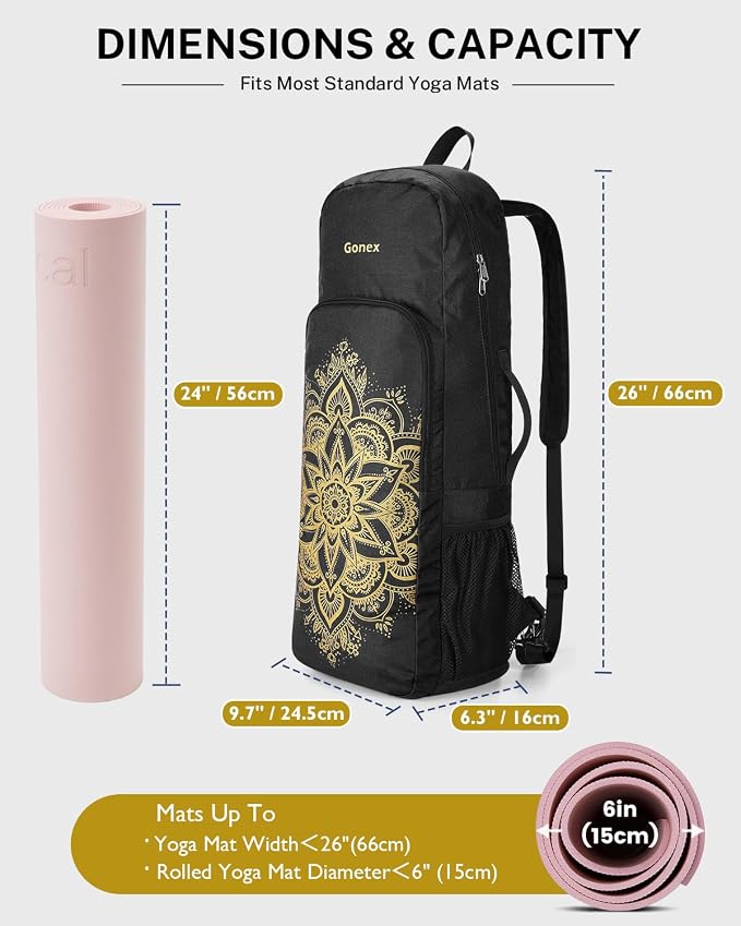 Gonex Yoga Mat Bag, 2 Carry Ways Yoga Backpack with Wet Compartment Metal Zippers for Women Men, Large Capacity Yoga Mat Carrier for Yoga, Gym, Travel