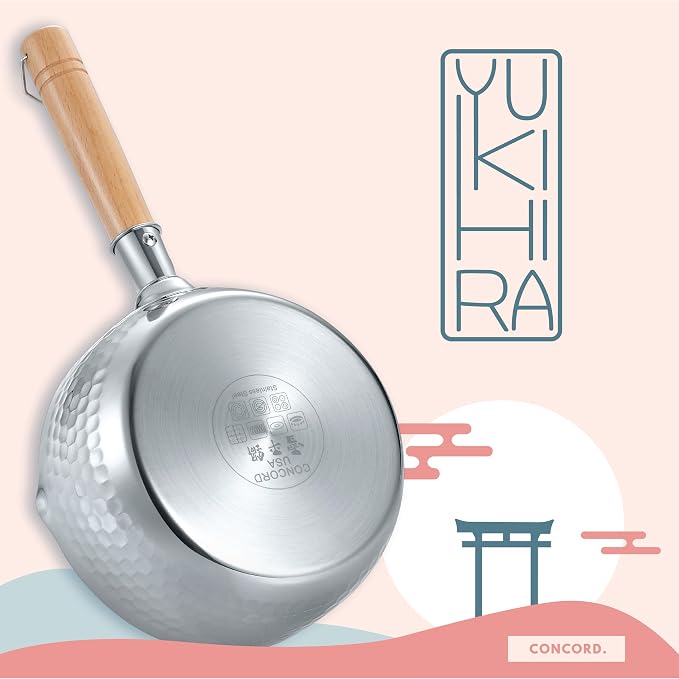 CONCORD 2 Quart Stainless Steel Yukihira Pan. Traditional Japanese Saucepan with Wood Handle. Great for Ramen, Tempura, Milk, etc.