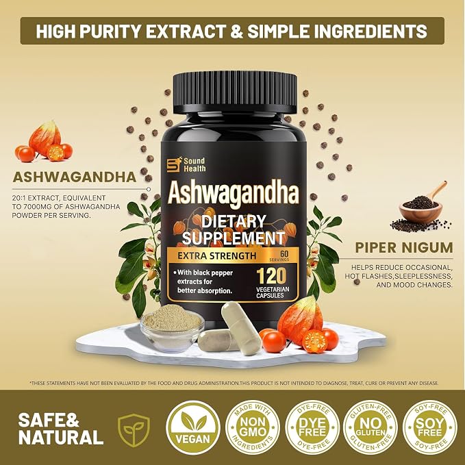 Ashwagandha Capsules Supplements - Ashwagandha for Women & Man, 120 Capsules (60 Servings)