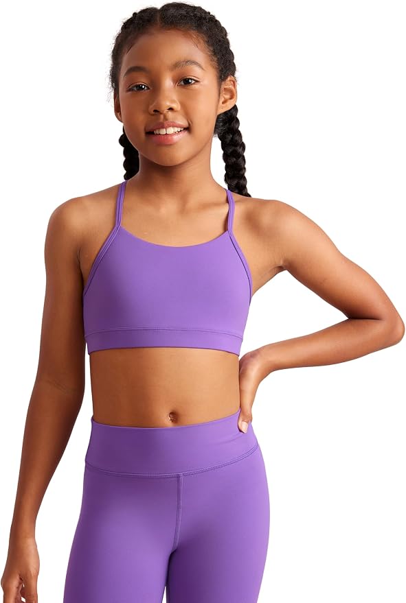 CRZ YOGA Girls Butterluxe Y Back Sports Bra - Yoga Athletic Casual Tops Scoop Neck Spaghetti Strap Padded Crop Kids Teen