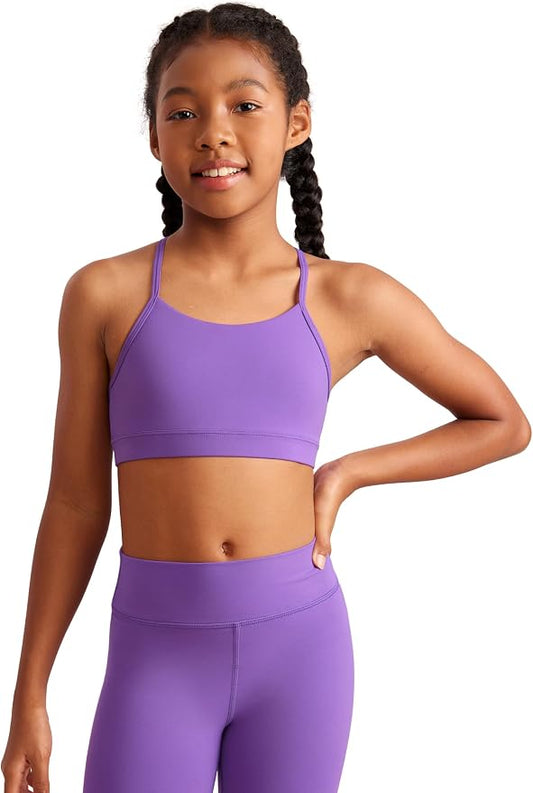 CRZ YOGA Girls Butterluxe Y Back Sports Bra - Yoga Athletic Casual Tops Scoop Neck Spaghetti Strap Padded Crop Kids Teen