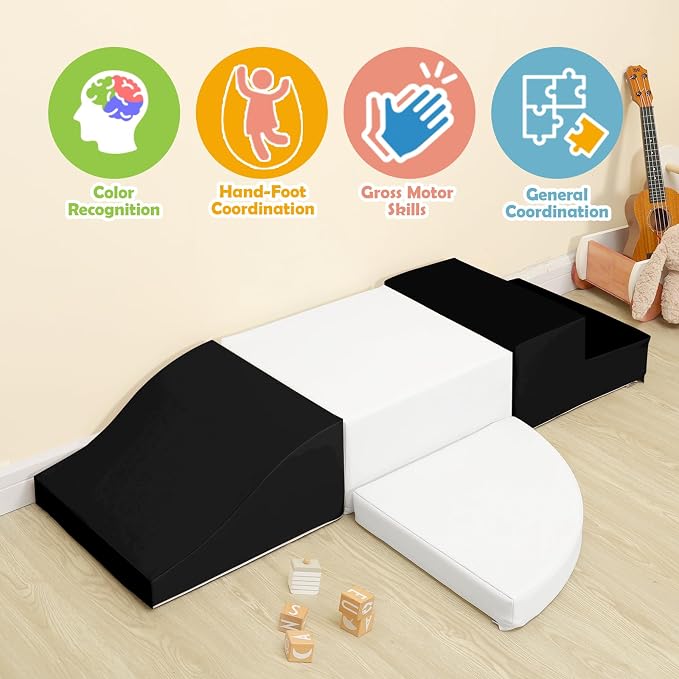 TODIBY 4-Piece Soft PU Leather Toddlers Climbing Toys, Baby Foam Climbing Blocks for Toddlers 3, Indoor Climb and Crawl Activity Play Set, Foam Play Gym Climbing Structures (Black and White)