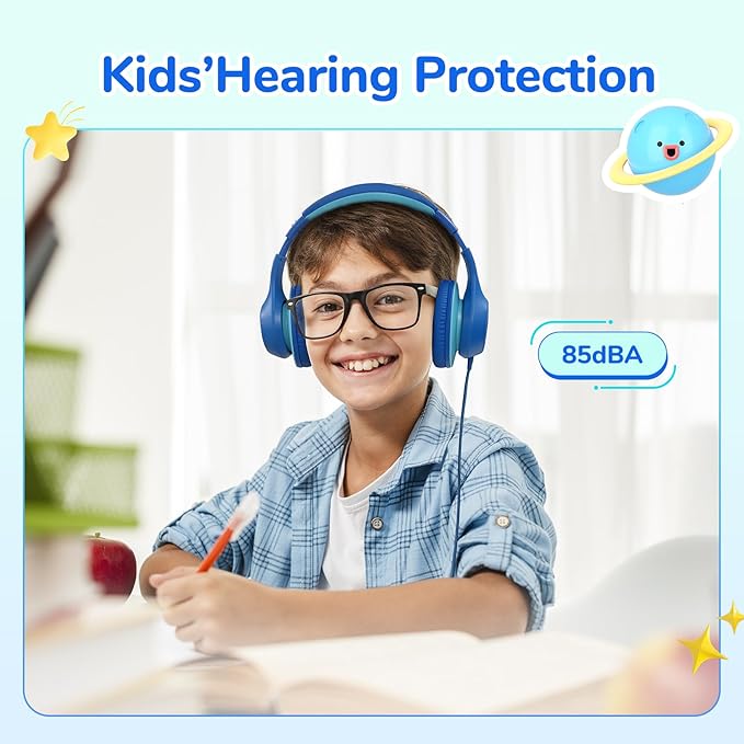 EarFun K3 Kids Headphones, USB Type C Over Ear Headphones for Kids, Volume Limit, HD Stereo Sound, Comfortable Fit, Foldable Wired Headphone for School/Travel/Boys/Girls/Tablet/iPad, Blue