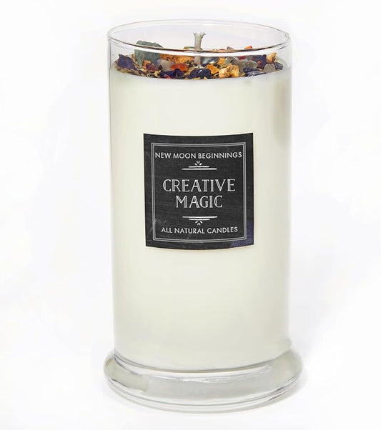 Creative Magic Candles by New Moon Beginnings - Focus, Creativity, & Concentration - Herb & Crystal Candles - Soy Aromatherapy Candle - 21oz Glass Jar