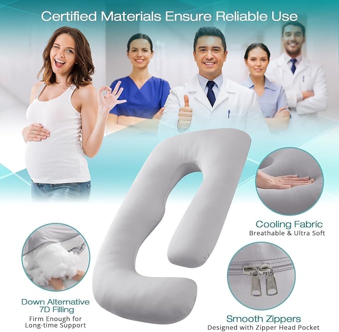 Sasttie Pregnancy Pillows for Sleeping, Jumbo U Shaped Cooling Full Body Pillow with Removable Cover, Pregnant Women Must Haves, Maternity Essential, Light Grey