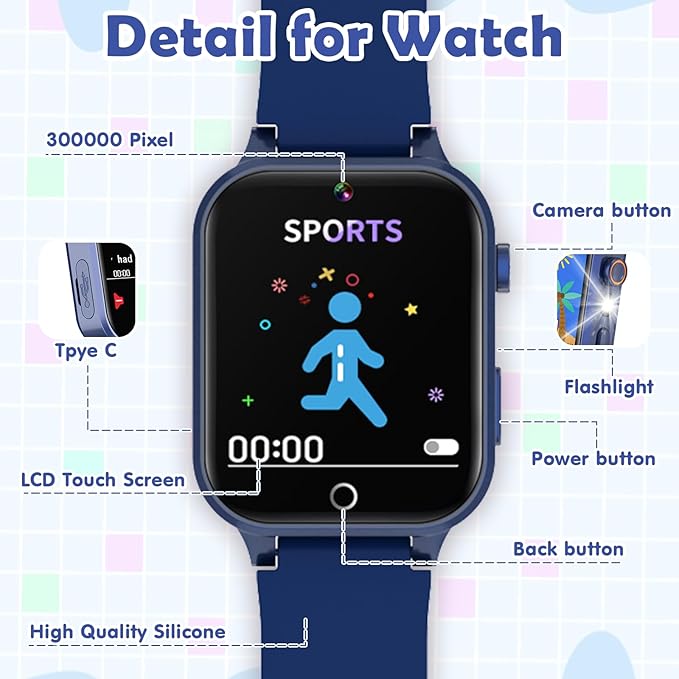 Smart Watch for Kids, with 26 Puzzle Games, Touch Screen, HD Camera, Alarm Clock, Toys for Ages 4-12 Years Old.Birthday Gift for Boys Girls (Blue)