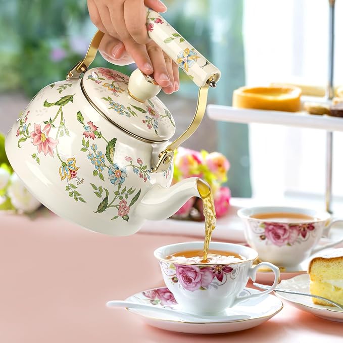 Jucoan 2.6 Quart Vintage Enamel Tea Kettle, Green Floral Stovetop Water Kettle Teapot with Porcelain Handle for Home Kitchen Camping Tea Party, Gift for Bridal Shower Wedding Housewarming Mother's Day