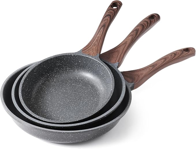 SENSARTE Nonstick Frying Pans, Grey(8+9.5+11 Inch) | Swiss Granite Coating, Free of PFOA&PFOS, Compatible with All Stoves Including Induction Cooktops, Easy to Clean