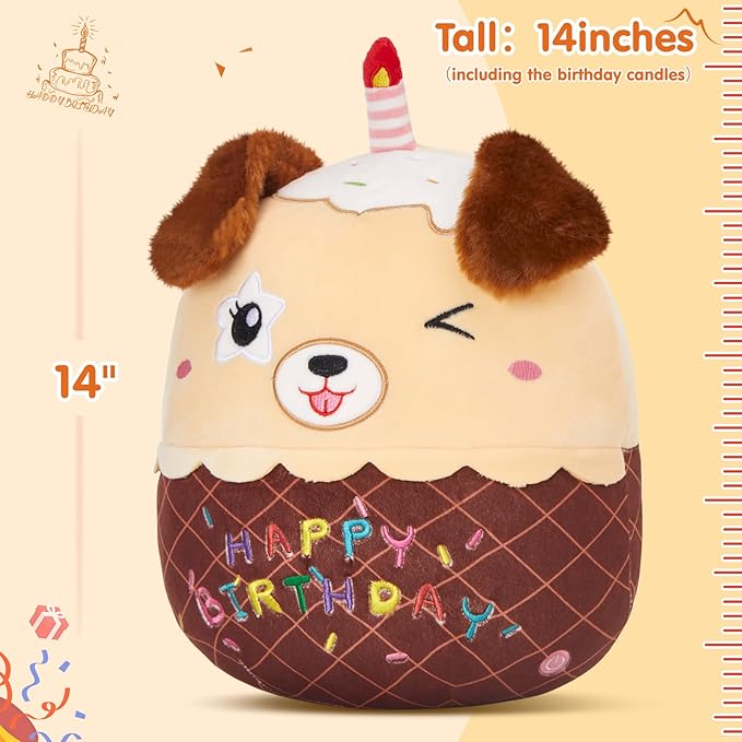14" Birthday Cake Dog Plush Puppy Stuffed Animals Original Wink Dog Plushie Cuddle Pillows Happy Birthday Gift for Kids Boys Girls