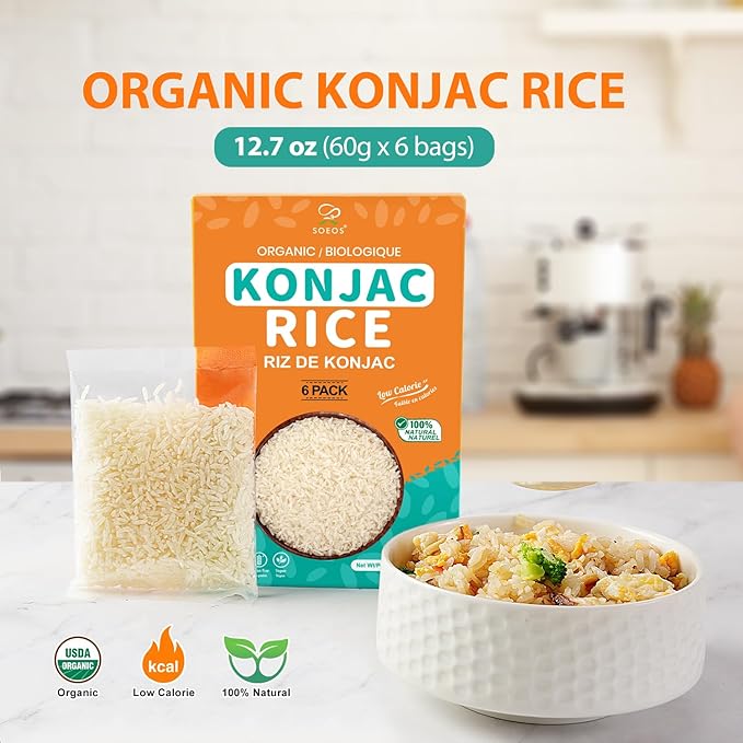 Soeos Organic Dried Konjac Rice, 6 Pack (60g Each), Plant-Based, Quick-Cooking Rice Alternative, Pantry Staple for Stir-Fries, Soups & More