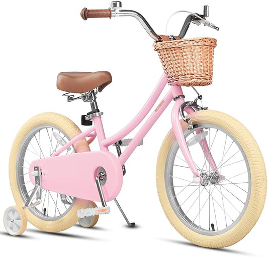 Petimini Vintage Kids Bike for Girls, 12–20 Inch Classic Bicycle with Wicker Basket & Bell, High Tensile Steel Frame, Training Wheels (12–18”), 85% Pre-Assembled, Retro Bike for Outdoor Riding