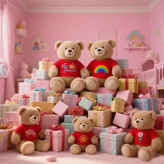 Plush Teddy Bear Clothing Set, Red T-Shirts, Cotton, Basic Style, Easy Put-On Design, 8 Pack