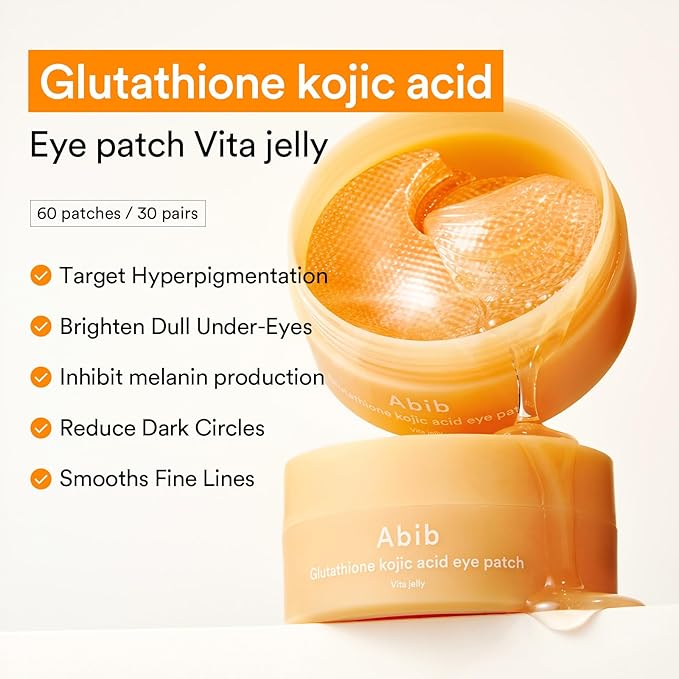 Abib Glutathione Kojic Acid Eye Patches for Radiance Dark Circles & Dark Spots, with Tone-up Jelly, 60 Count, Korean Skin Care