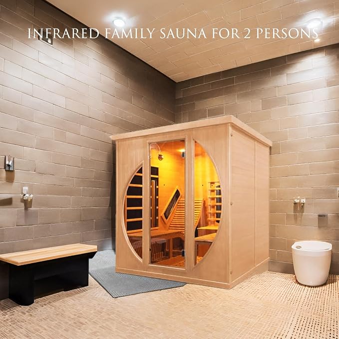 Infrared 2 Person Wooden Sauna Room, Luxurious Sauna with Recliner, 3400W Dry Heat Sauna for Home, 9 Heating Panels, Bluetooth Speaker, 7Color Lights, Oxygen Bar, 220V(Canadian Hemlock)