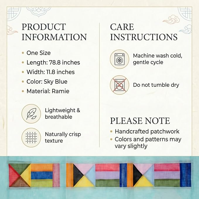 Korean Bojagi Table Runner Sky Blue Ramie Patchwork Dining Table Runner | Traditional Korean Patchwork Decor, Farmhouse Table Accent, Lightweight Ramie Fabric, Everyday Dining & Seasonal Display