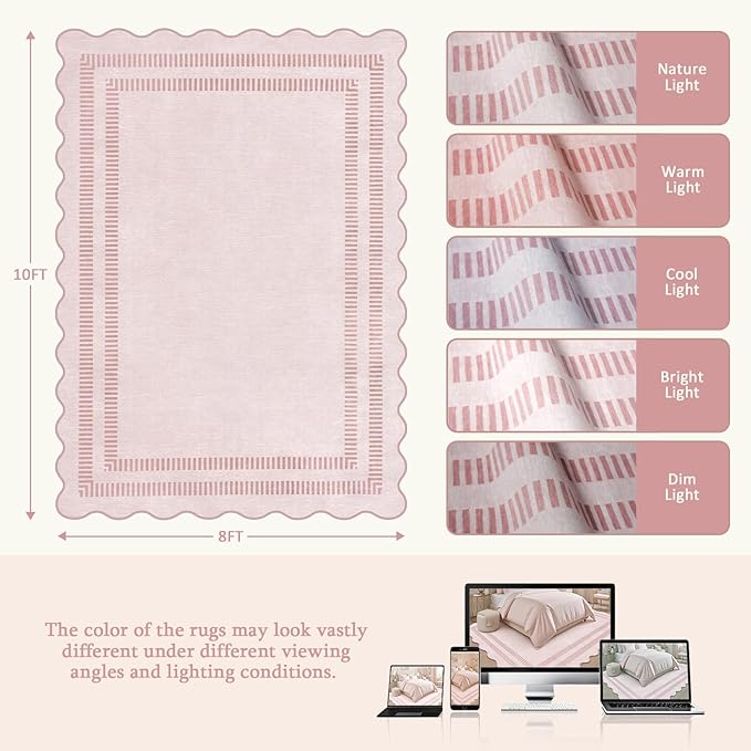 Pink Rugs for Living Room 8x10, Soild Machine Washable Area Rugs for Bedroom Girls, Non Slip Ultra-Thin Low-Pile Carpet for Playroom Nursery Kids Room