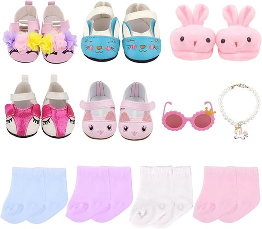 20 Pcs 18 inch Doll Accessories , 5 Pairs of Doll Shoes, 4 Pairs of Doll Socks, 1Pc Toy Sunglasses,1Pcs Necklace, Good Gift Holiday Best Gift Present for Girls, Kid
