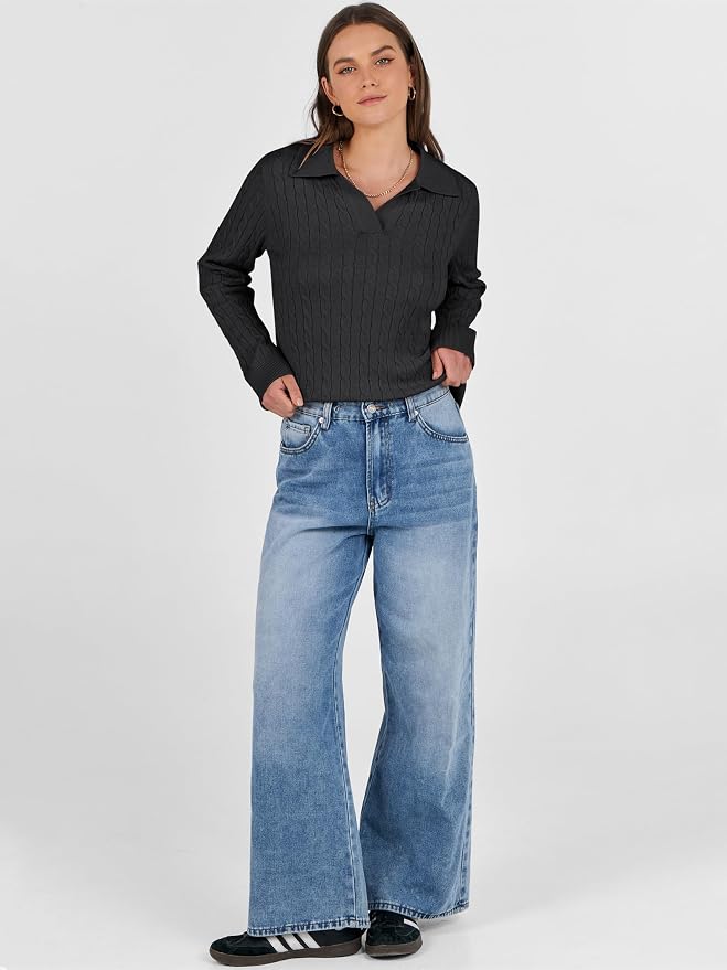 ANRABESS Womens Cable Knit Sweaters Long Sleeve V Neck | Pullover Collared Sweater Tops, Polo Knit Shirts, Business Casual Work, Tennis Golf, Fall Winter Fashion Outfits