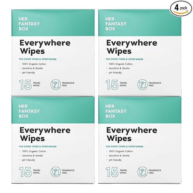 Her Fantasy Box | Everywhere Wipes – 100% Organic Cotton, Gentle & Refreshing, pH-Balanced, Fragrance-Free, Plant-Powered for Body, Face & Intimate Areas, Ideal for Sensitive Skin - 4 Pack, 60 Wipes
