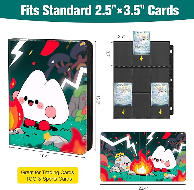 Trading Card Binder, 900 Pockets, 50 Sheets 9-Pocket, Refillable 3-Ring, Fits 2.5" x 3.5" Cards, Acid-Free PVC-Free Pages, Zip PU Cover with Strap, for TCG & Sports Cards – Campfire Design