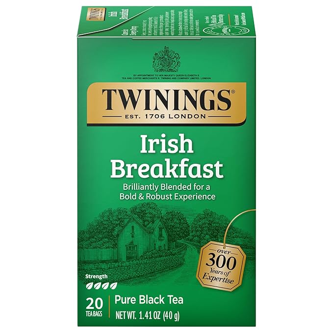 Twinings Irish Breakfast Black Tea Individually Wrapped Bags, 20 Count (Pack of 1), Flavourful, Bold, and Robust, Caffeinated, Enjoy Hot or Iced, 20 Teabags