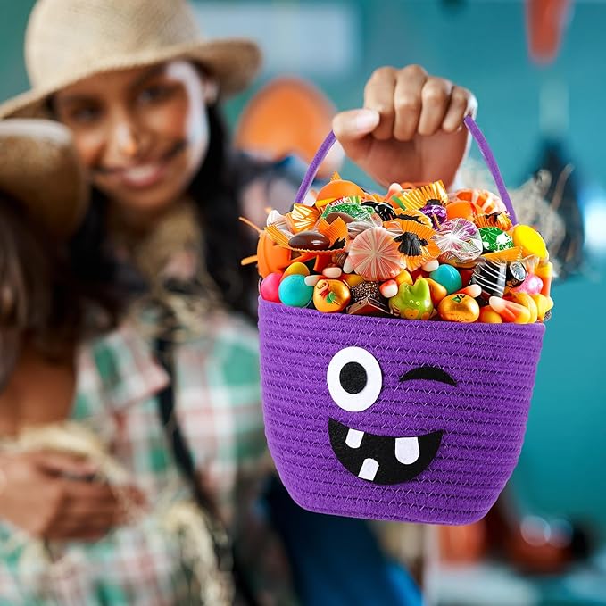 Halloween Trick or Treat Basket with Handle Cute Bucket Cotton Rope Woven Candy Bag Pumpkin Witch Cat Pig Storage Basket for Halloween Party Favor (Purple,Witch)