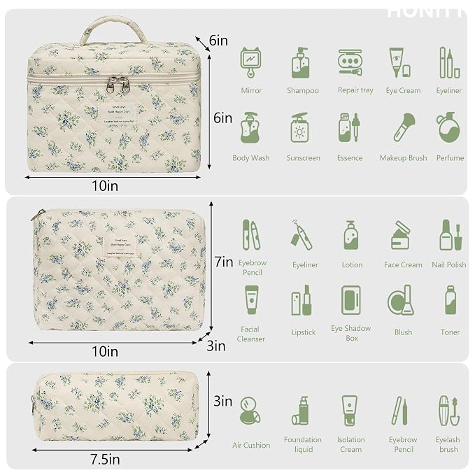 honitty Makeup Bag,Quilted Cosmetic Bags,Large Floral Make Up Organize bag,Makeup Bag Set for Women,Flower Travel Toiletry Bag
