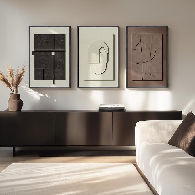 Large 3D Framed Abstract Wall Art Set, 3 Piece Modern Artwork for Walls | Solid Wood Frames, Textured Paintings, Black White Brown Neutral Tones, Living Room Dining Bedroom Office Pictures Wall Decor
