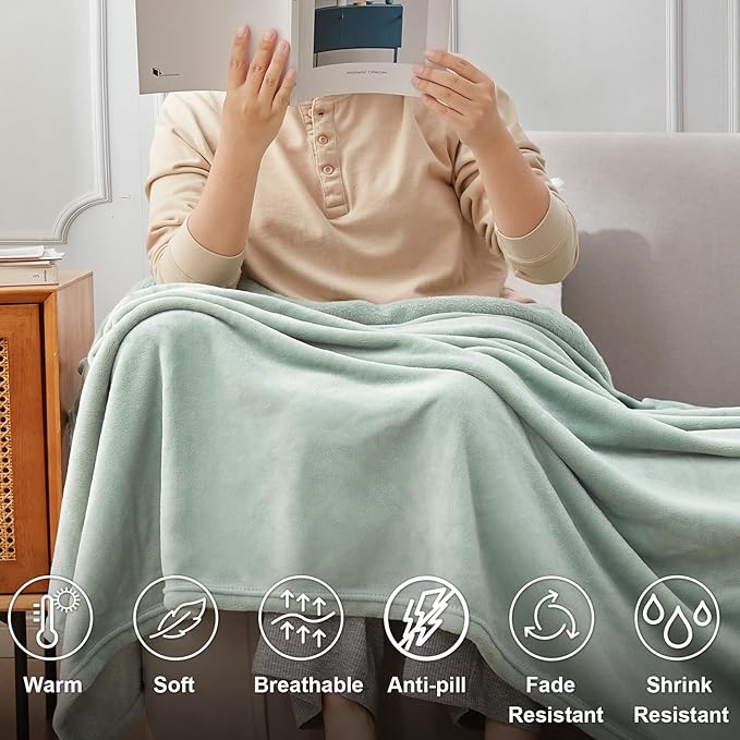Hansleep Throw Grey Green Fleece Blanket, Soft Flannel Bed Blanket | Fuzzy Cozy Blanket 50x60 Inches, Multi-use for Bed, Sofa, Couch, Travel, Camping, All Season Warm Lightweight Cover